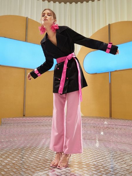 

x paola dinazareth double breasted strap cuff belted blazer 14vt#, White;black