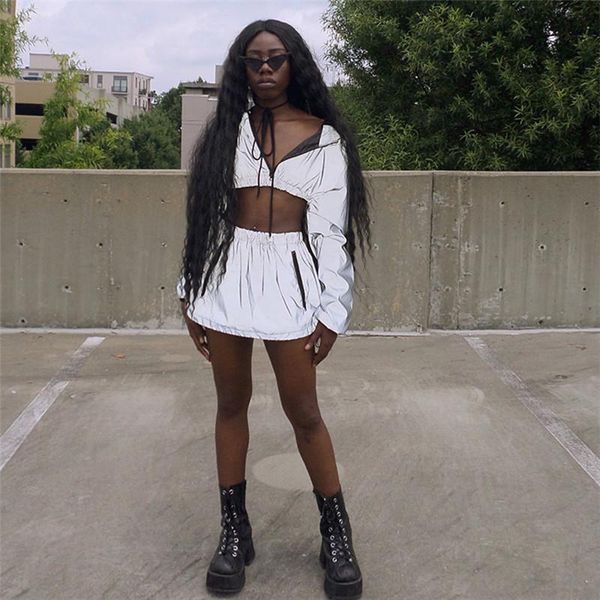 

women's tracksuits 2021 hooded open navel short long sleeve coat elastic waist skirt suit, Gray