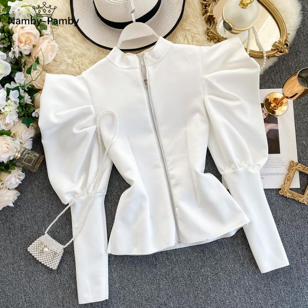 

women's blouses & shirts retro puff sleeve temperament stand collar zipper before after wearing fashionable wild spring autumn blouse, White
