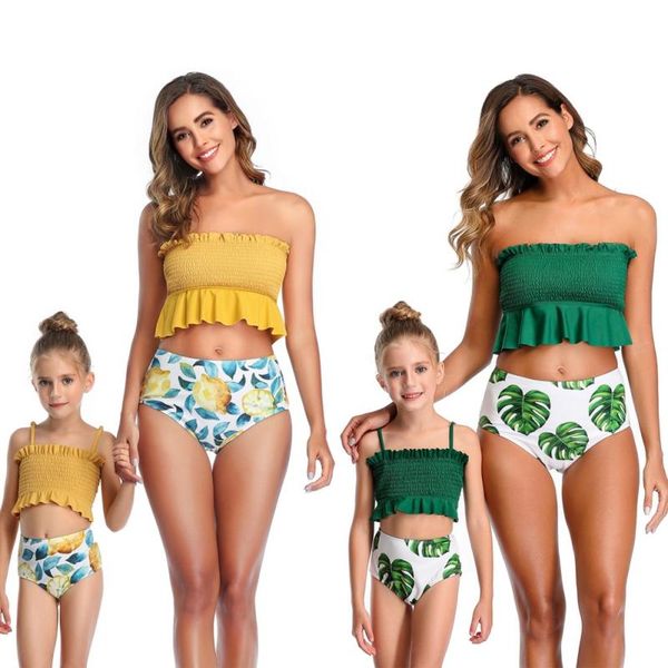 

family matching outfits parent-child baby girls swimwear high waist elastic print bikini summer cute beach bathing two-piece swimming, Blue
