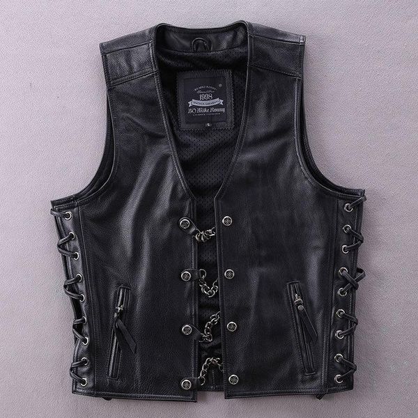 

men's vests 2021 genuine leather motorcycle vest cowhide chain decoration slim short youth locomotive black sleeveless jacket, Black;white