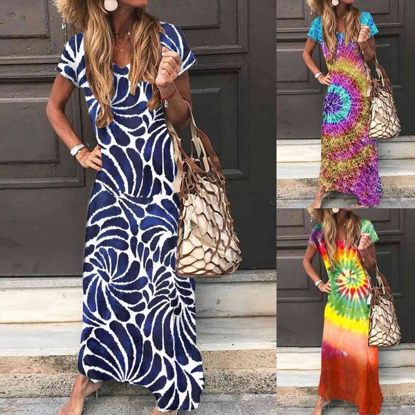

fashion tie dye printing women tracksuits v neck short sleeve comfy casual dress vestido de mujer summer, Gray