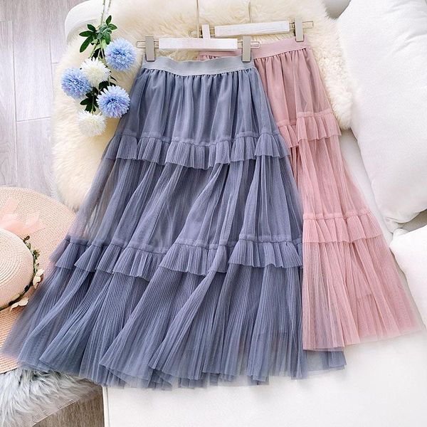 

skirts hlbcbg 3 layers beading tulle skirt women 2021 spring summer korean elegant high waist pleated female long school, Black