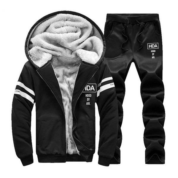 

men's tracksuits 2 bun of thick wool lining hoodie and casual male sweatpant s winter training windbreak zipper outwear brand, Gray
