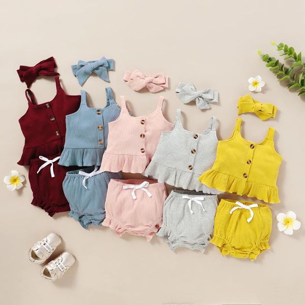 

baby girl summer clothes sets 0-18m born set cotton strap + shorts with headband solid color 3pcs outfit clothing, White