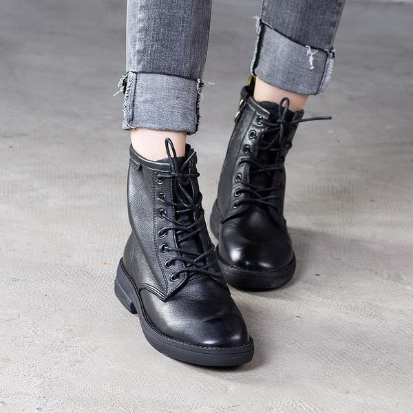 

boots leather women's autumn and winter lace-up first layer flat bottom female, Black
