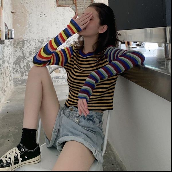 

women womens sweaters long sleeve causal female o neck crop fashion stripe patchwork streetwear casual, White;black