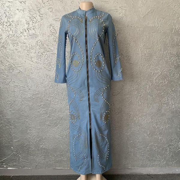 dashiki african denim beading maxi dresses for women 2021 spring autumn fashion elegant embroidered flares long dress lady ethnic clothing, Red