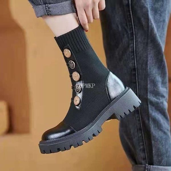 

boots 2021 women's ankle high platform square heel button short tube shoes fashion fall comfortable punk, Black