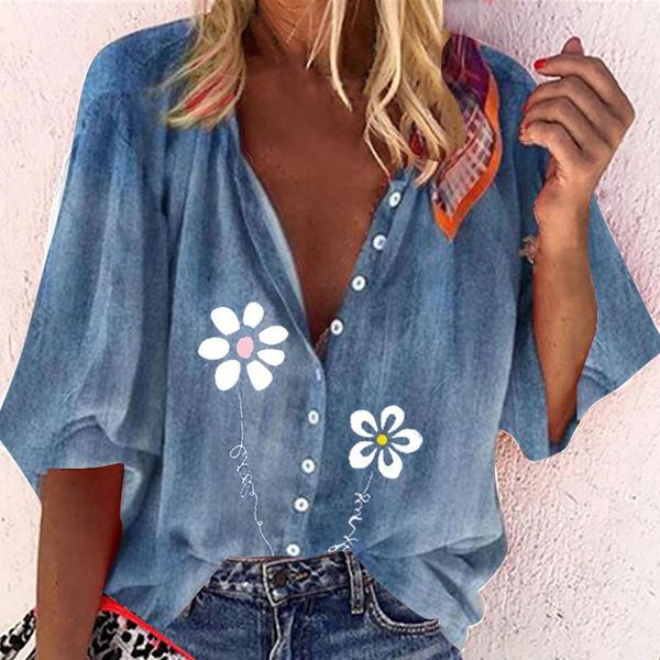 

women's blouses & shirts women blouse kawaii floral printed cotton linen casual plus size o-neck loose button tunic autumn long sleeve, White