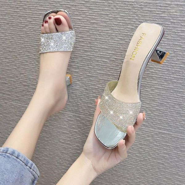 

slippers ladies summer glitter fashion big size rhinestone square toe temperament high heel women shoes luxury, Black