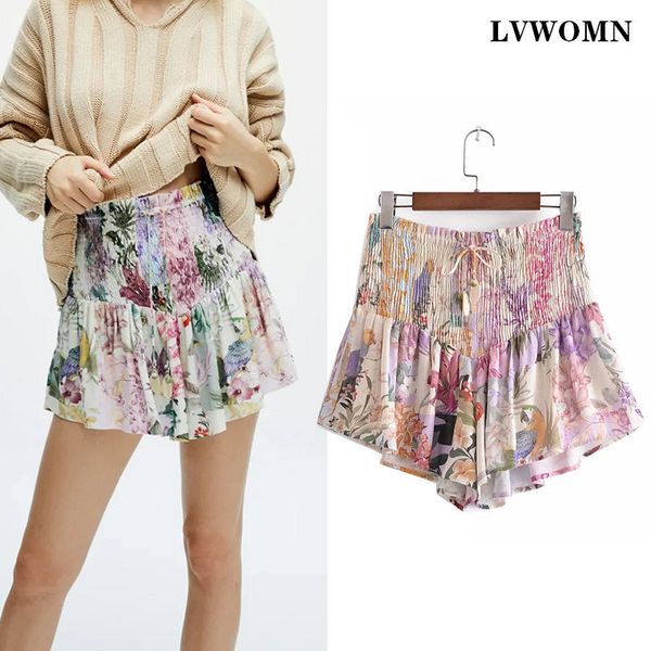 

lvwomn za women summer print fashion elastic waist loose bowknot belt female high-waisted mini shorts skirt, White;black
