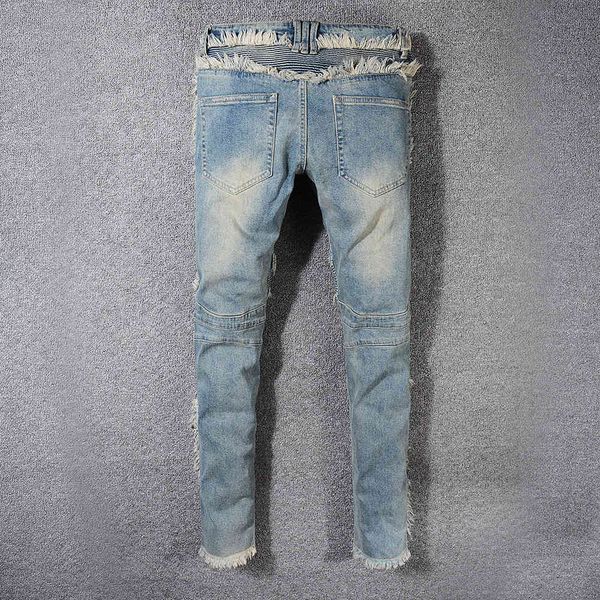 

men's jeans vintage washed denim fringe biker jeans for moto fashion slim fit straight patchwork pants big and tall ynlh, Blue