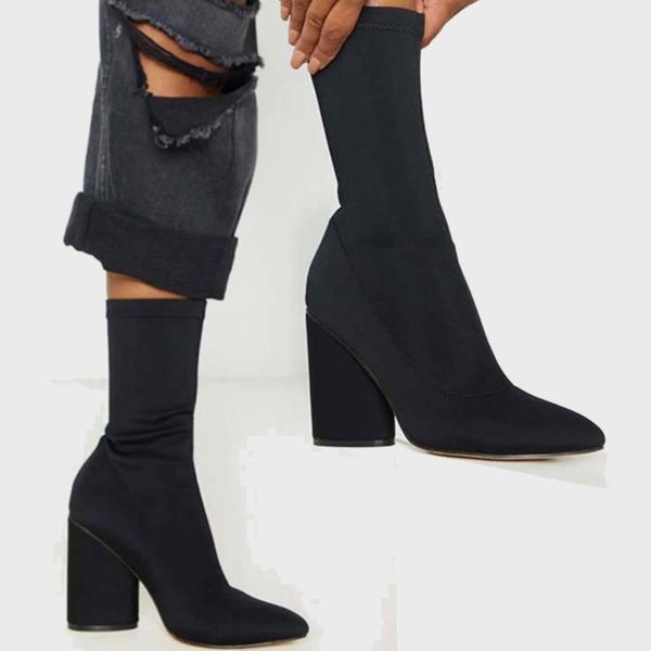 

boots brand fashionable autumn winter lady party shoes big size 43 slip on high heels sock women, Black