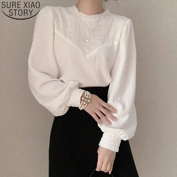 

women's blouses & shirts women white shirt fashion puff sleeve chic autumn hollow lace blouse stand collar elegant loose clothes blusa