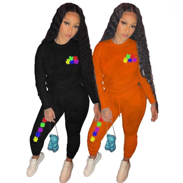 

women's designer tracksuits women two piece outfit long sleeve crew neck print stacked pants set panelled slim, White