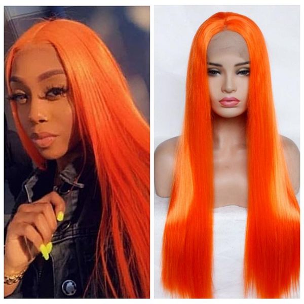 

synthetic wigs straight lace front wig natural hair orange cosplay 24 inch heat resistant t part frontal for women, Black