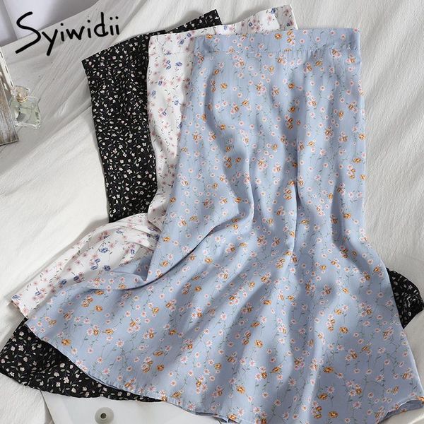 

skirts syiwidii vintage floral print chiffon long for women elastic high waist 2021 summer blue green white black boho skirt