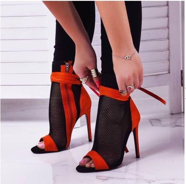 

woman black mesh open toe high heel sandal zipper sandals