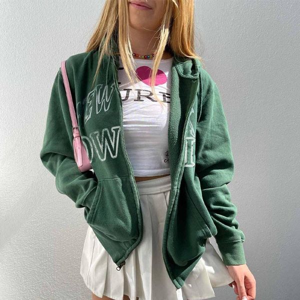 

women's jackets letter print cardigan women hoodies zipper long sleeve loose green casual baseball uniform female 2021 autumn girl y2k, Black;brown