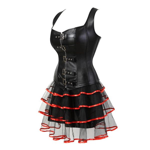 Bustiers espartiletos mulheres espartilho vestido steampunk faux couro cintura cincher zíper cintas bustier top com mini saia definir sexy plus size vint