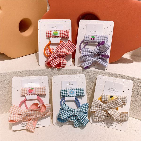 

3 pcs new fashion korean children's fruit hairpins sweet princess girl simple plaid fabric bow rubber band hair rope headdress, Slivery;white