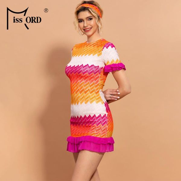 

casual dresses missord summer o neck wave strip short sleeve women mini ruffles holiday with headband mm3202 acyd, Black;gray