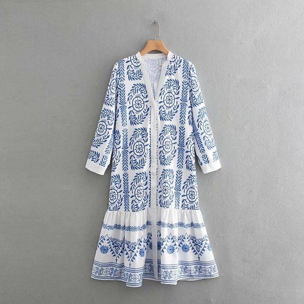 

casual dresses fanco women vintage blue and white porcelain print shirtdress female v neck buttons chic vestidos hem ruffles midi, Black;gray