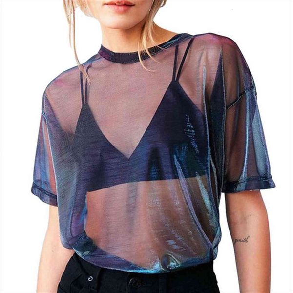 

brand hollow mesh net womens t shirts lace short sleeve o neck see through transparent crop clubwear, White