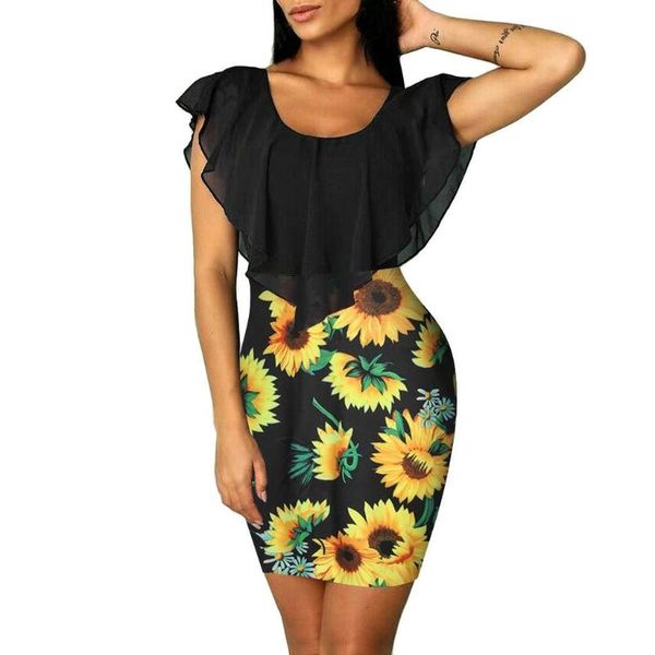

womens casual fashion sleeveless sunflower printed ruffles holiday party short mini o-neck dress 2021 dresses, Black;gray