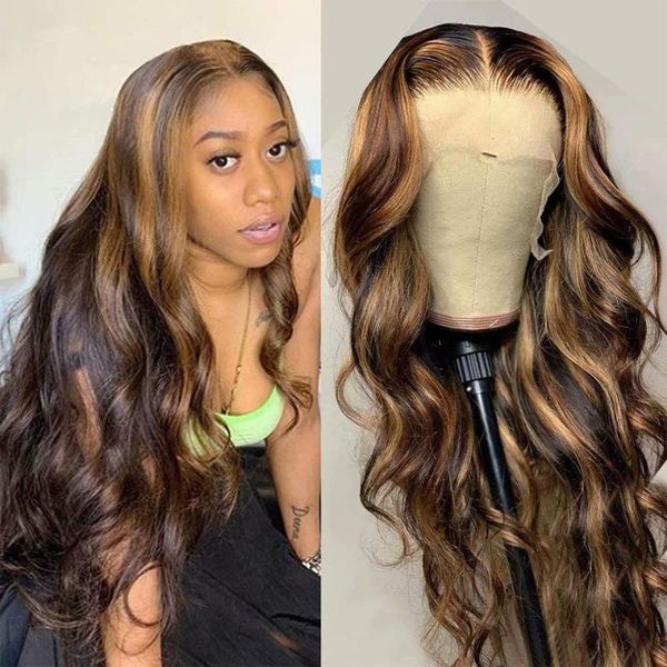 

lace wigs 4/27 highlight wig brazilian body wave frontal human hair remy honey blonde ombre brown front, Black;brown