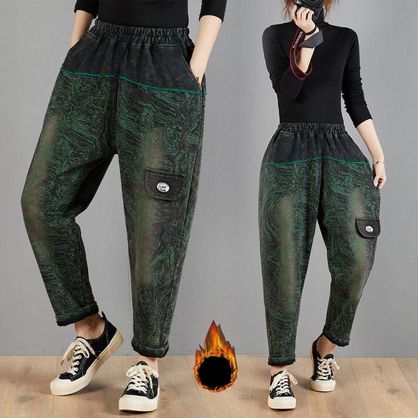 

women's jeans winter personality green print denim pants for women vintage patchwork pockets fleece thicken casual loose warm mom harem, Blue