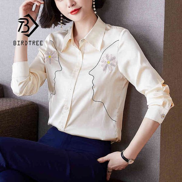 

portrait embroidery satin shirts for women elegant turn down collar blouses spring autumn t11001x 210419, White