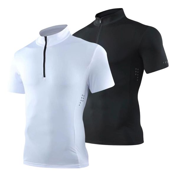 

polyester man's t-shirt quick dry fitness gym compression short sleeve shirt running outdoor round neck zipper jerseys, Black;blue