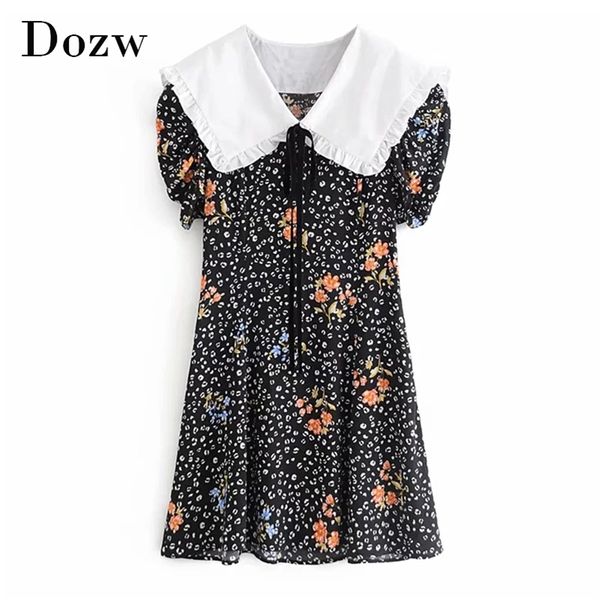 Moda Mulheres Floral Imprimir vestido de verão de manga curta Casual Collar Mini Sailor laço doce es Femme Robe 210515