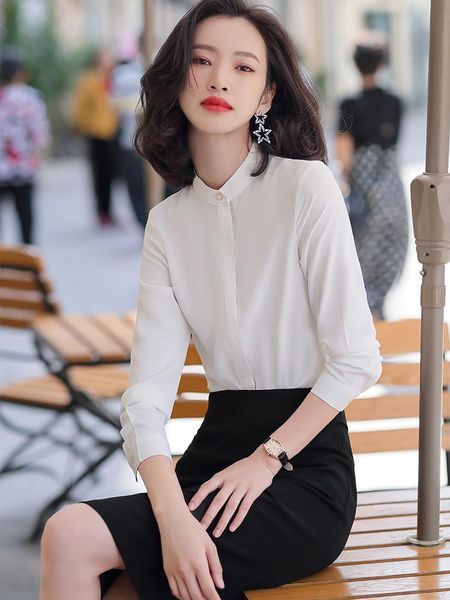 

women's blouses & shirts 2021 women blouse fashion long sleeve stand collar work style female office lady wear solid design size s-4xl, White