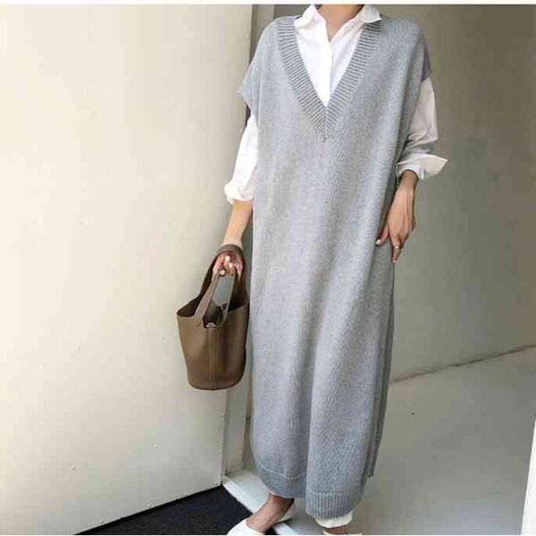 

casual dresses vestido de colete y2k chique casual inverno oversize em linha reta sem mangas vestido camisola caxemira feminino grosso longo, Black;gray