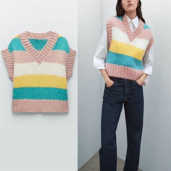 

ribbed striped knit vest sweater women sleeveless v neck cute knitted female fashion streetwear fitted sweaters 210524, Black;white