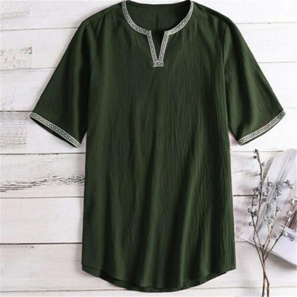 

men's casual shirts v neck cotton retro shirt loose male men short sleeve solid color 2021, White;black