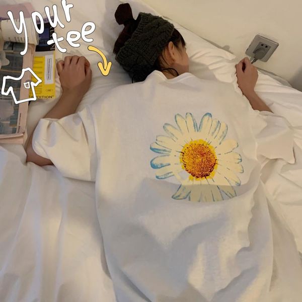 

big chrysanthemum print summer t shirts girl harajuku korean style graphic short sleeve 2021 kawaii female t-shirt women's, White