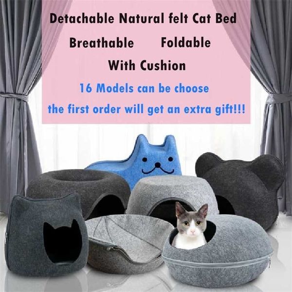 Destacável Natural feltro Cama de gato Respirável Casa de caverna de estimação respirável com coxim zipper design 18 modelos Forma de tubarão dobrável 211111