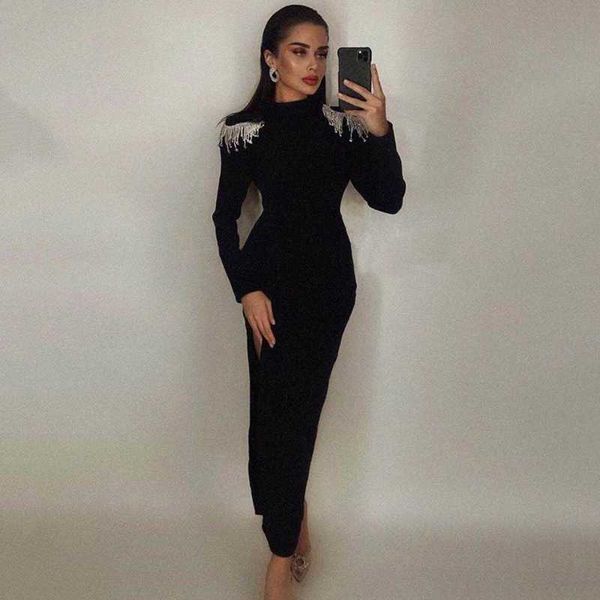 

casual dresses autumn style women turtleneck full seleeves backless tassel diamonds mid bodycon bandage dress 2021 designer celebrity p, Black;gray