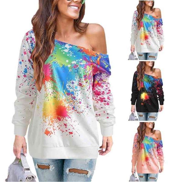 

women hoodies autumn fashion spray paint print skew collar long sleeve female casual off shoulder loose splice hoodies lady 210507, Black