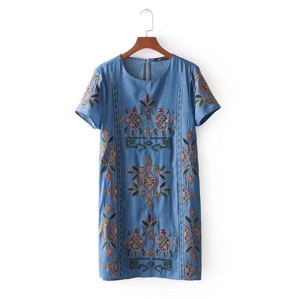 donne corte totem fiore ricamo mini abito denim elegante vestido estate manica corta casual sottile dritto DS682 210420