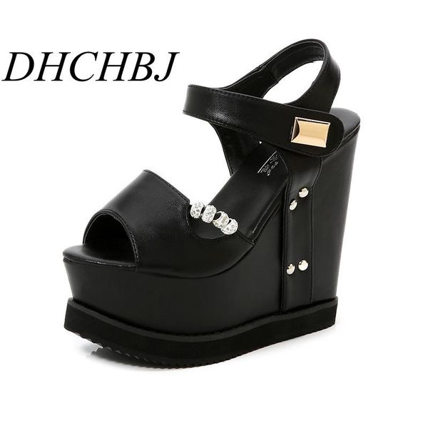 

summer ultra high heel fish mouth sandals wedges thick bottom roman women's 15 cm heels fashion female pumps, Black