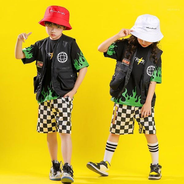 

stage wear kids fashion hip hop clothing loose t shirt tactical short pants for girls boys jazz dance costume clothes street party wear1 8y2, Black;red
