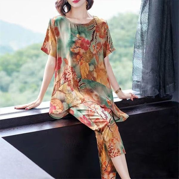 

2 pcs set summer sets womens tracksuits loose short sleeve o neck t shirt elastic waist wide leg pants, Gray