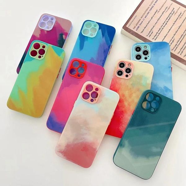 2021 Custodie in vetro temperato ad acquerello per pittura a inchiostro a colori ad olio per Iphone 12 Pro Max 11 XR XS X 8 7 Plus Soft TPU Vernice colorata Moda Cover posteriore per cellulare Coque