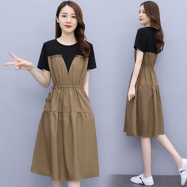 

women's stitched dress summer 2021 fashion show thin fake two mother's, Black;gray
