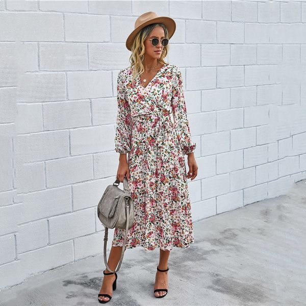 

floral autumn fashion print v-neck lace dress women's bohemian beach solid color dress retro maxi slim casual women dresses 210423, Black;gray